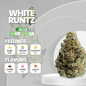 Image of the White Runtz strain, showcasing frosty, trichome-covered buds with shades of green and hints of purple. The buds are accentuated by vibrant orange pistils, creating a visually appealing contrast. The strain emits a sweet and fruity aroma with notes of candy. White Runtz is known for its potent effects, offering a combination of relaxation and euphoria, making it a popular choice among cannabis enthusiasts seeking a blissful and uplifting experience.