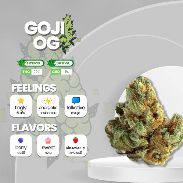 Goji OG strain, showcasing dense, trichome-covered buds with vibrant shades of green and hints of purple. The buds are complemented by fiery orange pistils, creating a visually striking appearance. The strain emits a sweet and fruity aroma with notes of berries and citrus. Goji OG is known for its balanced effects, offering a combination of relaxation and mental clarity, making it a popular choice among cannabis enthusiasts
